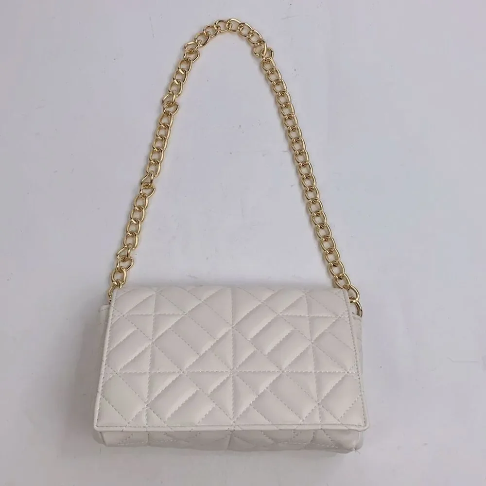 Quilted Creme Chain Strap Handbag purse clutch Lined Zip pocket Snap close New